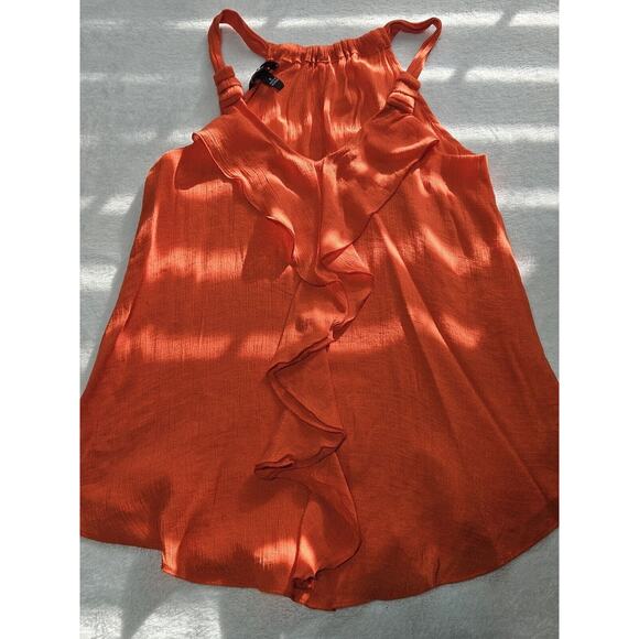 IZ BYER California Blouse Womens Small OrangeRuffle Button Up Sheer Stretch Top - Picture 1 of 10